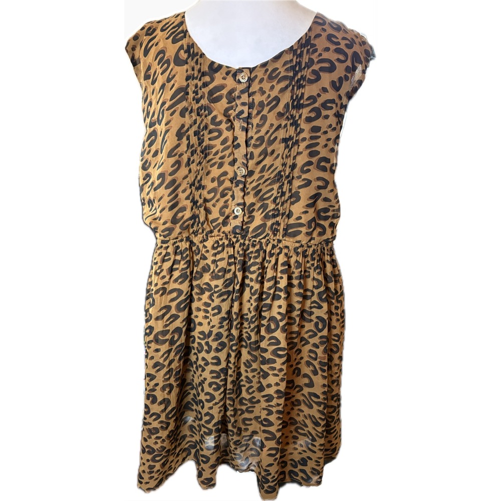 Mine Leopard Print Sleeveless Mini Dress Tan Black Animal Print‎ Button Front